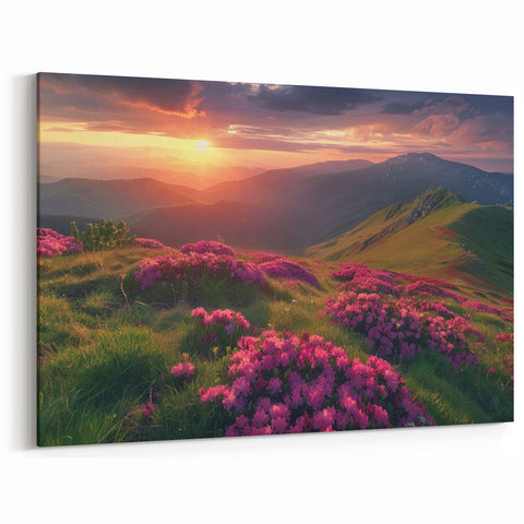 Ukraine Scenery Prints – Pink Flowers and Mountain Sunset Canvas Art