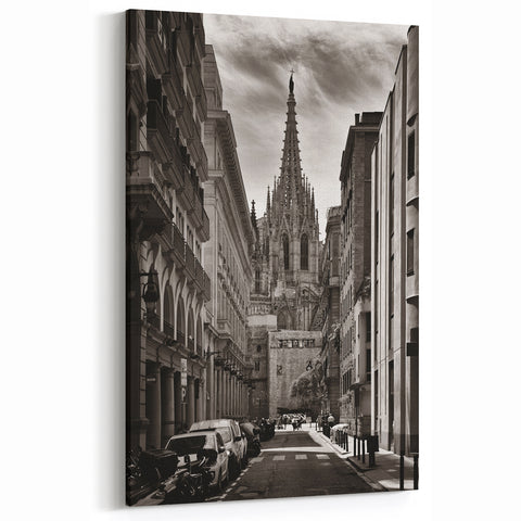 Barcelona Cityscape Art - Gothic Cathedral View in Black and White