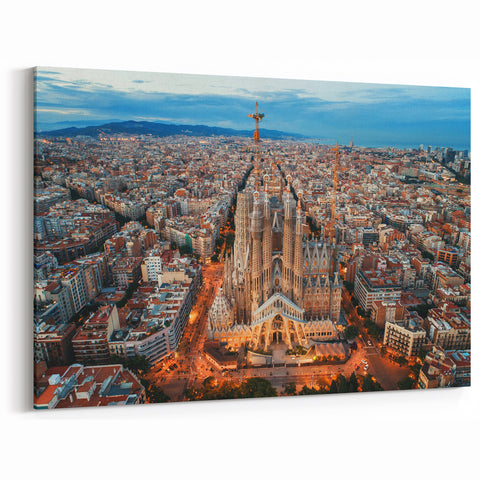 Scenic Barcelona Artwork - Aerial View of Sagrada Família at Dusk