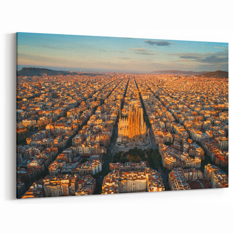 Barcelona Canvas Prints - Aerial View of Sagrada Família at Golden Hour