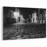 Barcelona Framed Art - Charming Cobblestone Street at Night in Black and White