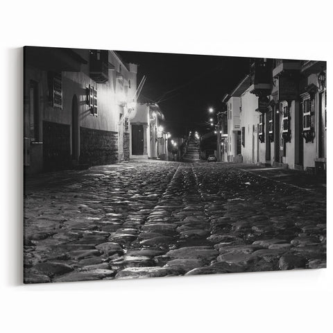 Barcelona Framed Art - Charming Cobblestone Street at Night in Black and White