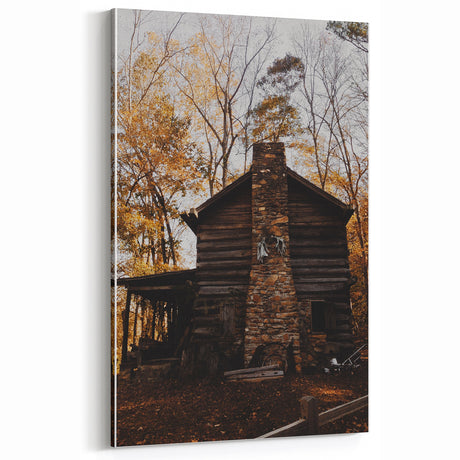 Rustic Cabin Wall Art - Vintage Log Cabin with Stone Chimney for Decor