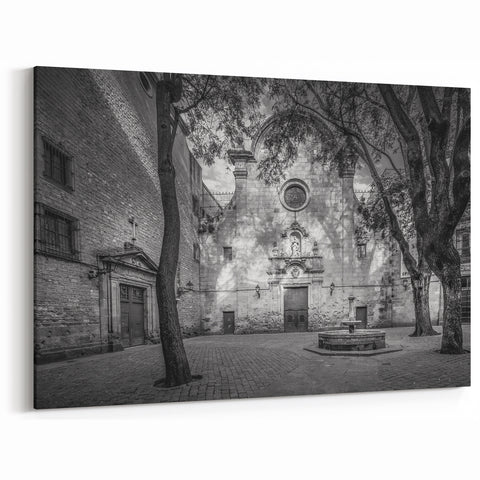 Barcelona Framed Art - Quiet Courtyard in the Gothic Quarter in Black and White