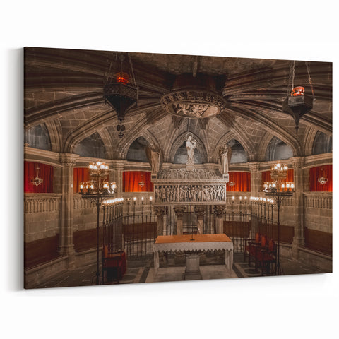 Barcelona Cityscape Art - Ornate Gothic Cathedral Interior with Statues