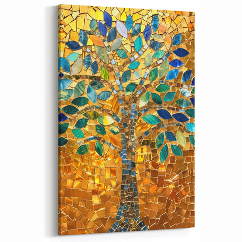 Scenic Barcelona Artwork - Vibrant Mosaic Tree with Golden Background
