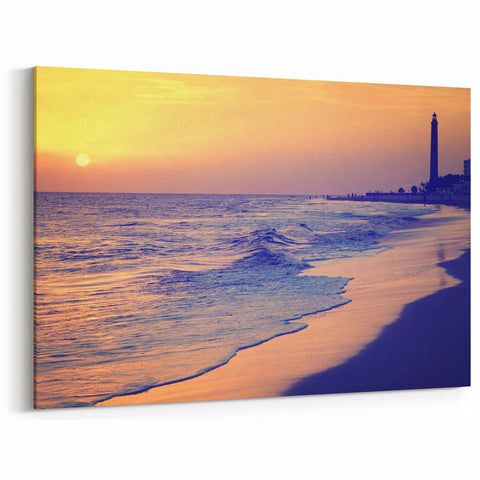 Canary Islands Beach Art – Serene Sunset Scene with Lighthouse View