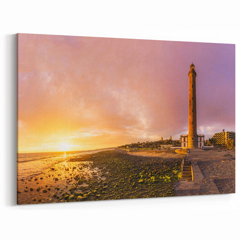 Canary Islands Beach Art – Lighthouse Sunset Scene with Golden Glow