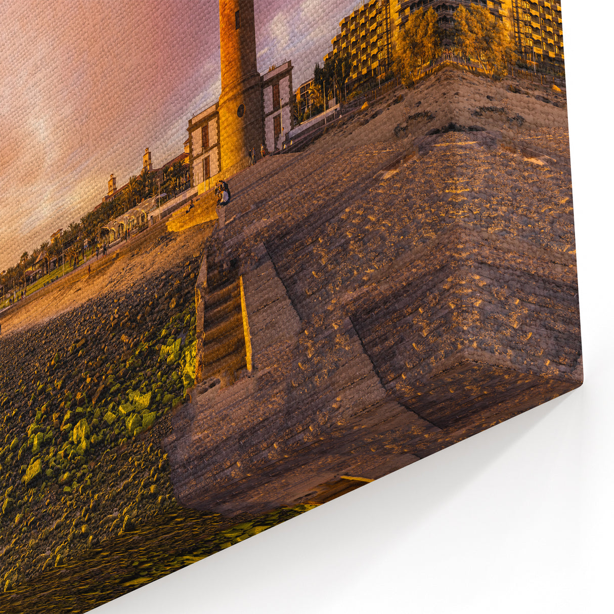 Canary Islands Beach Art – Lighthouse Sunset Scene with Golden Glow