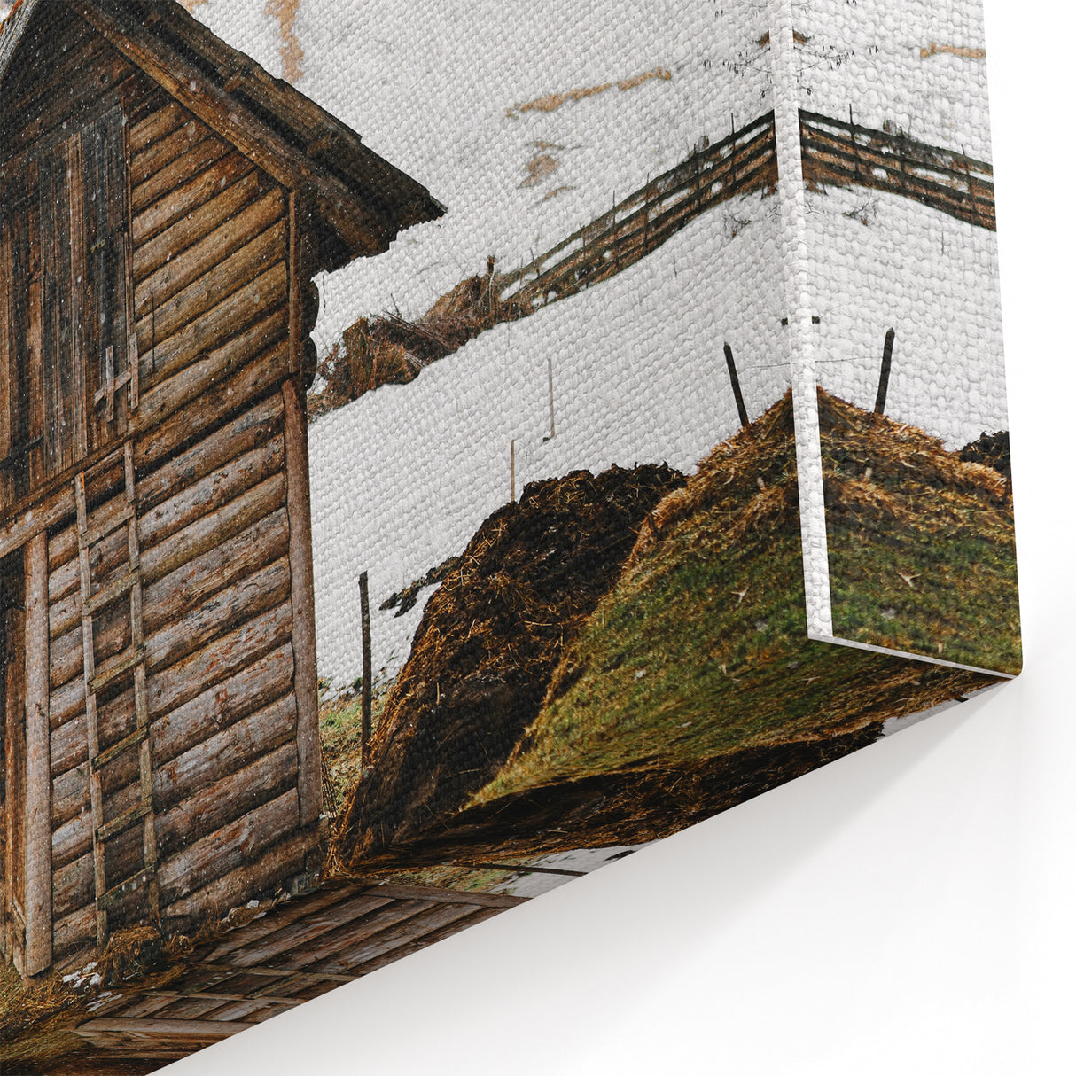 Rustic Log Barn in Winter Wall Art – Cozy Farmhouse Mountain Decor