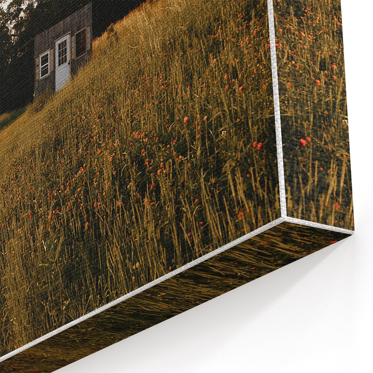 Rustic Landscape Wall Art – Peaceful Farmhouse Cabin in Golden Field