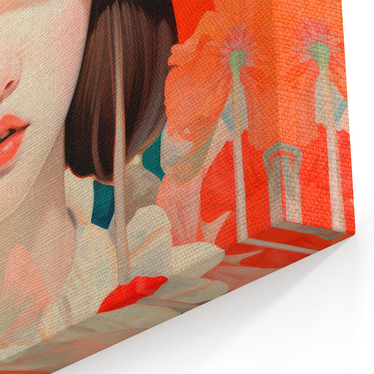 Maximalist Wall Art - Bold Portrait with Vibrant Florals in Orange Tones