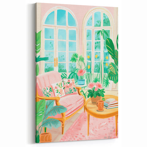 Maximalist Wall Art: Cozy Indoor Scene with Plants and Pink Accents – Eclectic Decor