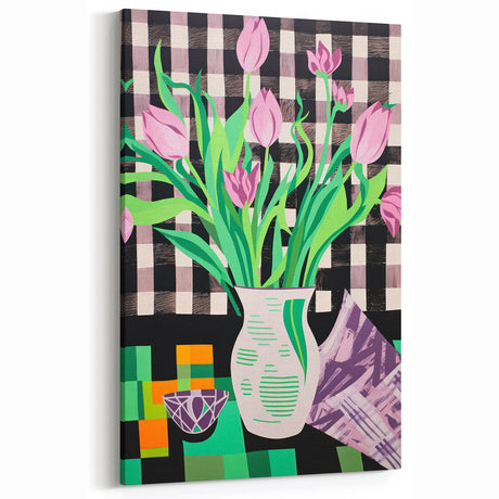 Maximalist Wall Art: Bold Tulips with Checkered Background – Eclectic Decor