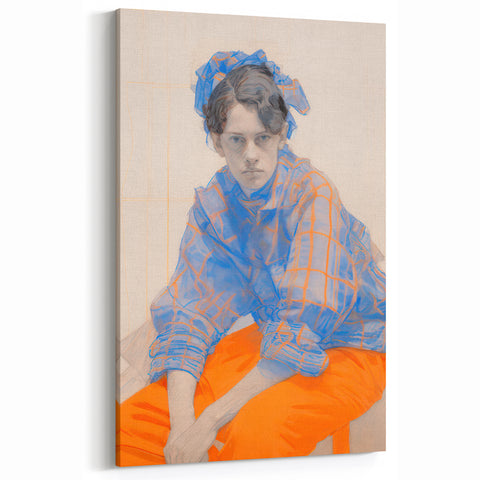 Maximalist Wall Art: Bold Blue and Orange Portrait for Eclectic Spaces