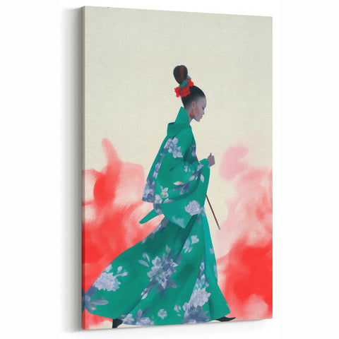 Maximalist Wall Art: Elegant Woman in Green Kimono for Bold Decor