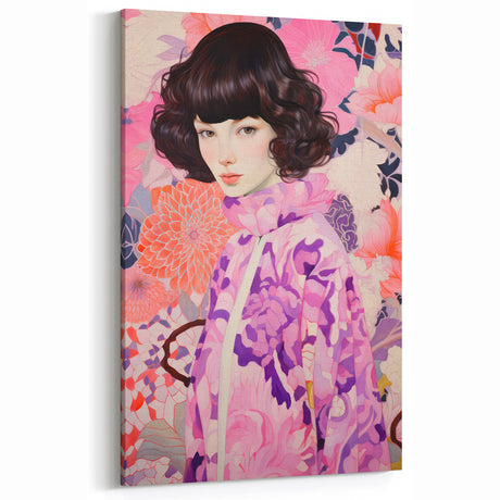 Maximalist Wall Art: Vibrant Floral Portrait of Woman in Purple for Decor