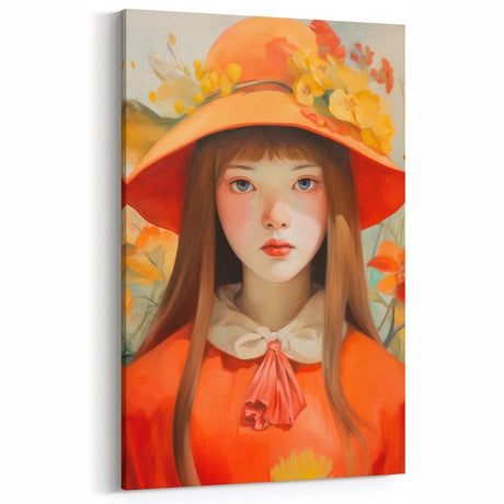Maximalist Portrait Wall Art with Bold Florals and Vibrant Orange Hat Design