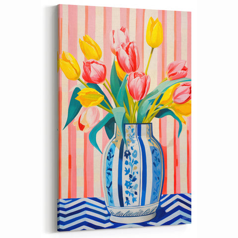 Maximalist Floral Wall Art with Vibrant Tulips in Blue and White Vase