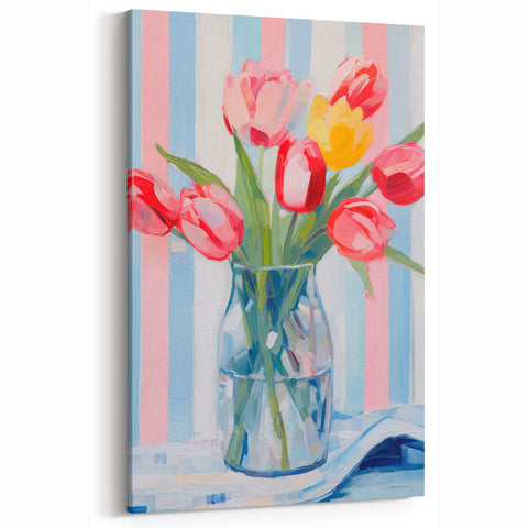 Maximalist Floral Wall Art with Vibrant Tulips and Colorful Striped Design