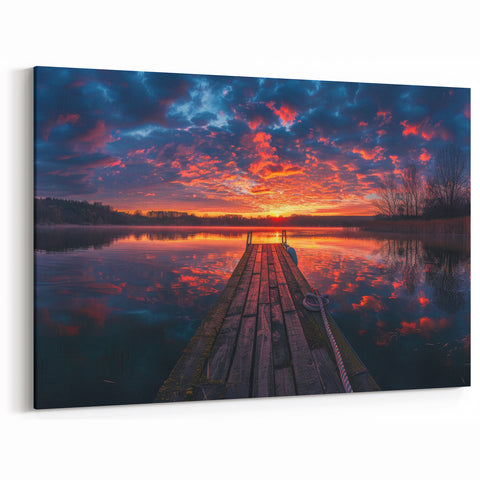 Charlotte Canvas Prints - Fiery Sunset Over Lake with Wooden Dock