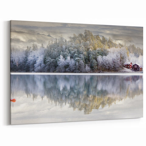 Sweden Scenery Prints - Snowy Forest and Red Cottages by the Lake