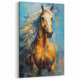 Golden Horse Glam Wall Art - Luxury Blue and Gold Decor for Chic Homes