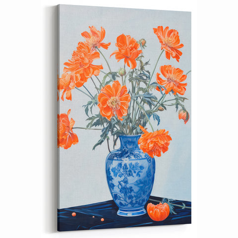 Maximalist Wall Art - Bold Floral Arrangement in Blue and Orange Vase