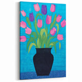 Maximalist Wall Art - Vibrant Tulips in Black Vase with Bold Blue Background