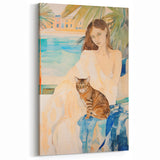 Maximalist Wall Art - Serene Woman with Cat by the Pool in Coastal Setting