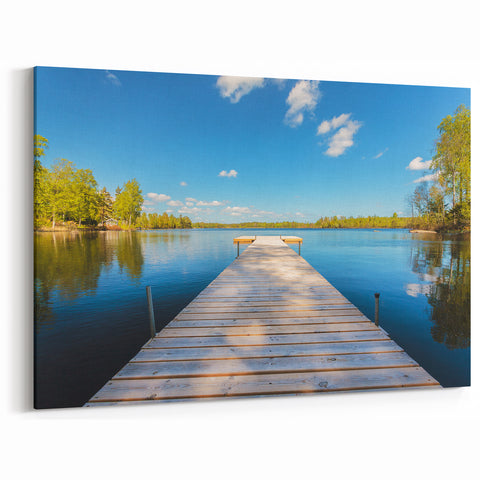 Sweden Canvas Prints - Tranquil Lakeside with Wooden Dock and Blue Sky