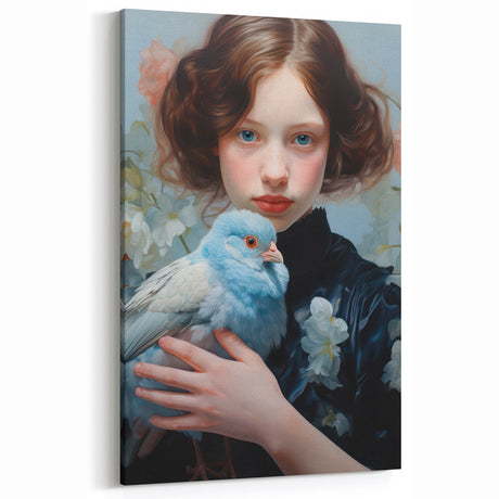 Maximalist Wall Art – Elegant Portrait with Bird for Eclectic Decor Style