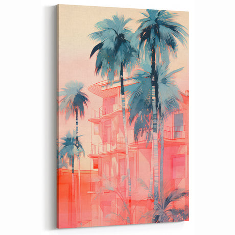Maximalist Wall Art – Vibrant Urban Oasis with Palm Trees and Sunset Hues