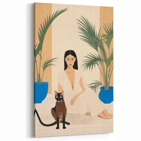 Maximalist Wall Art – Elegant Portrait with Cat and Tropical Accents