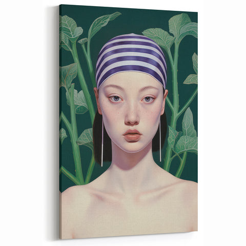 Maximalist Wall Art – Eclectic Portrait with Bold Stripes and Greenery