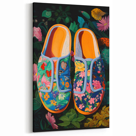 Maximalist Wall Art – Bold Floral Shoes with Vibrant Botanical Background