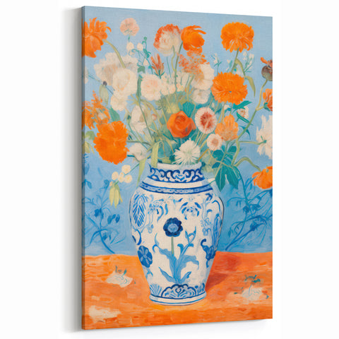 Maximalist Wall Art – Bold Floral Still Life in Blue and Orange Vase