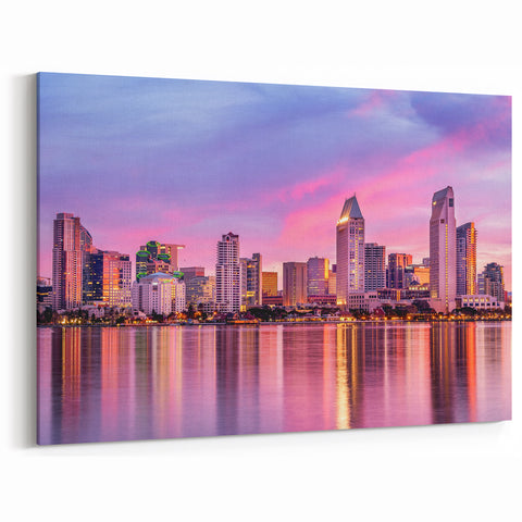 San Diego Skyline Sunset – Pink with Purple Cityscape Reflection Wall Art
