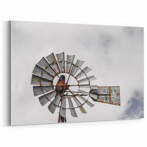 Rustic Windmill Wall Art – Vintage Farm Windmill Against Cloudy Sky