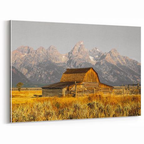 Rustic Barn with Mountain Range – Farmhouse Vintage Landscape Wall Art