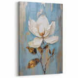 Elegant Floral Glam Wall Art - White Flower on Blue and Gold Background