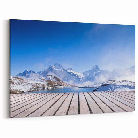 Switzerland Photography Prints - Stunning Alpine Mountains with Wooden Deck View