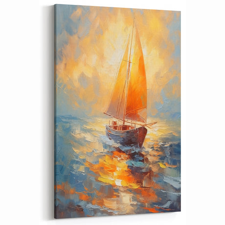 Radiant Sunset Sailing – Golden Horizon Canvas Art with Sailboat