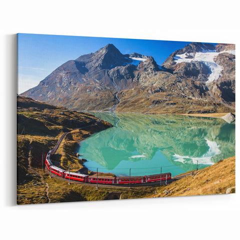 Swiss Scenic Wall Art - Red Mountain Train by Alpine Lake Switzerland Canvas Prints