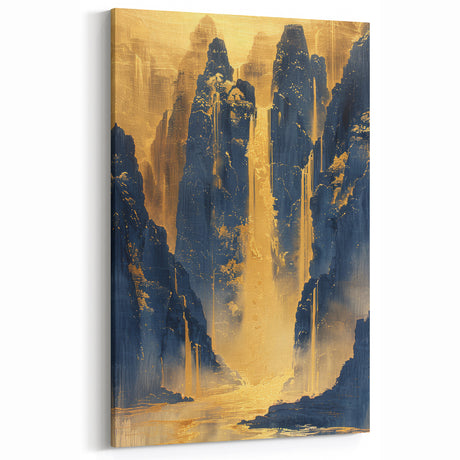 Glam Wall Art - Golden Waterfalls and Dark Blue Mountains in Luxurious Style
