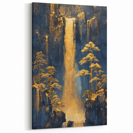 Glam Wall Art - Golden Waterfalls and Trees in Dark Blue Mountain Landscape