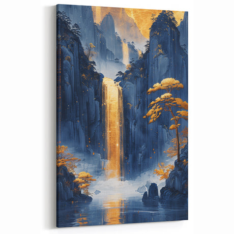 Glam Wall Art - Golden Waterfall and Trees with Dark Blue Mountains
