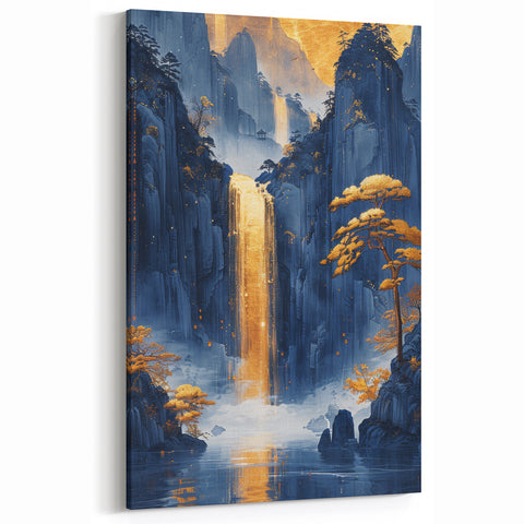 Glam Wall Art - Golden Waterfall and Trees with Dark Blue Mountains