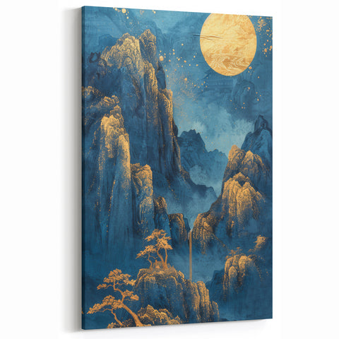 Glam Wall Art - Golden Moon Over Dark Blue Mountains with Waterfalls