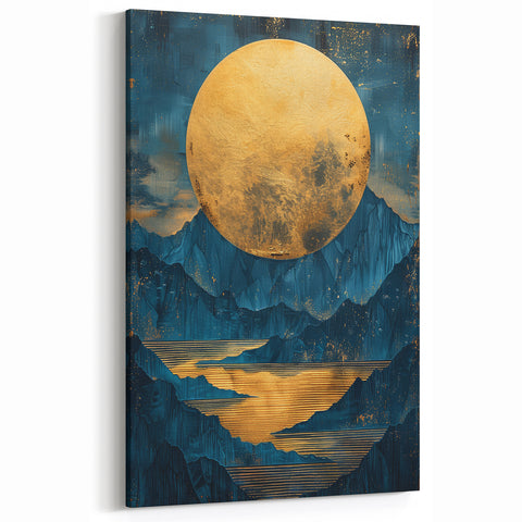 Glam Wall Art - Large Golden Moon Over Dark Blue Mountains and Reflections